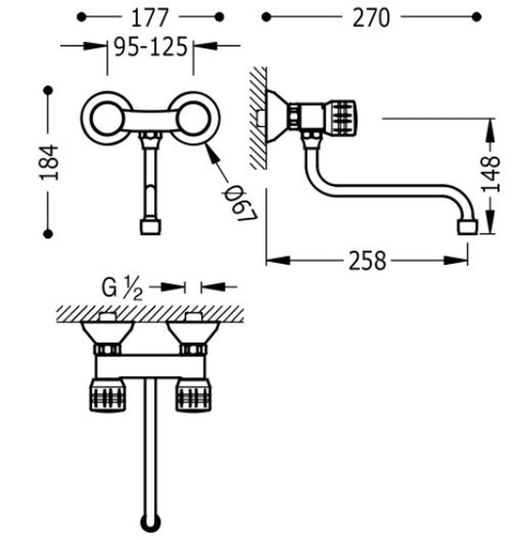 Grifo bimando excéntrico mural TRES ESE-23 123210 para cocina con caño inferior