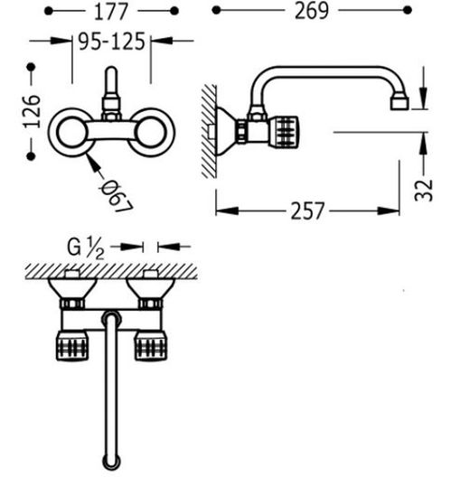 Grifo bimando excéntrico mural TRES ESE-23 123215 para cocina con caño superior