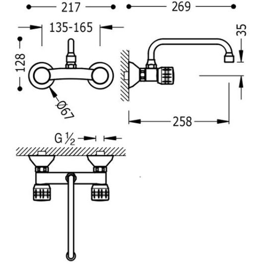 Grifo bimando mural TRES ESE-23 123315 para cocina con caño superior